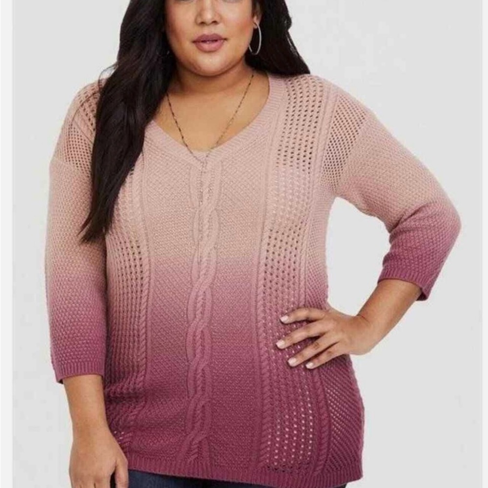 Torrid Blush Ombre V-Neck Dip Dye Cable Knit Tunic Sweater Pink to Plum Size 00
